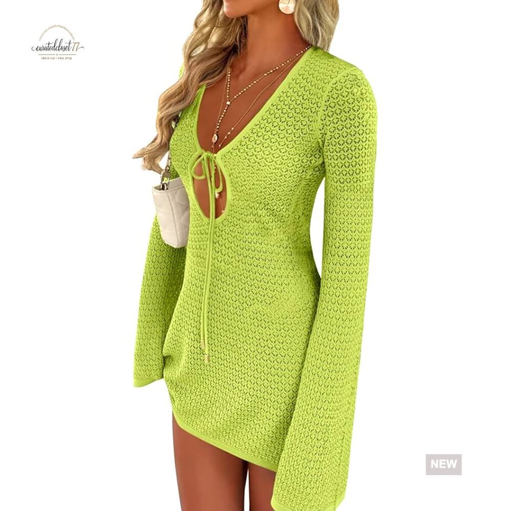 Crochet Mesh Cover Up Dress V Neck Long Sleeve Beach Swimsuit